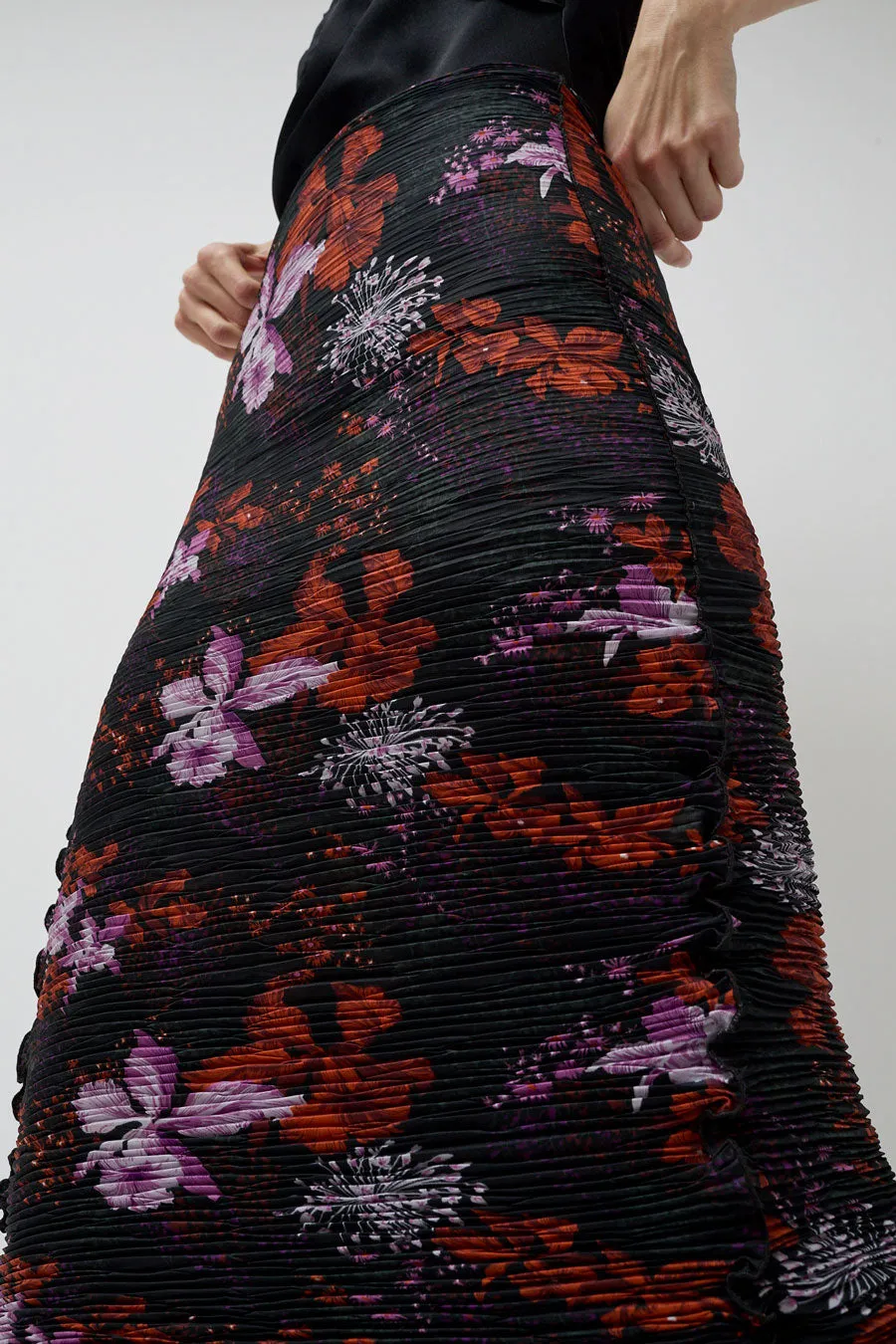 INSHADE Crimped Chiffon Maxi Skirt in Black and Orange Flowers sold by No. 6 product image thumbnail 2