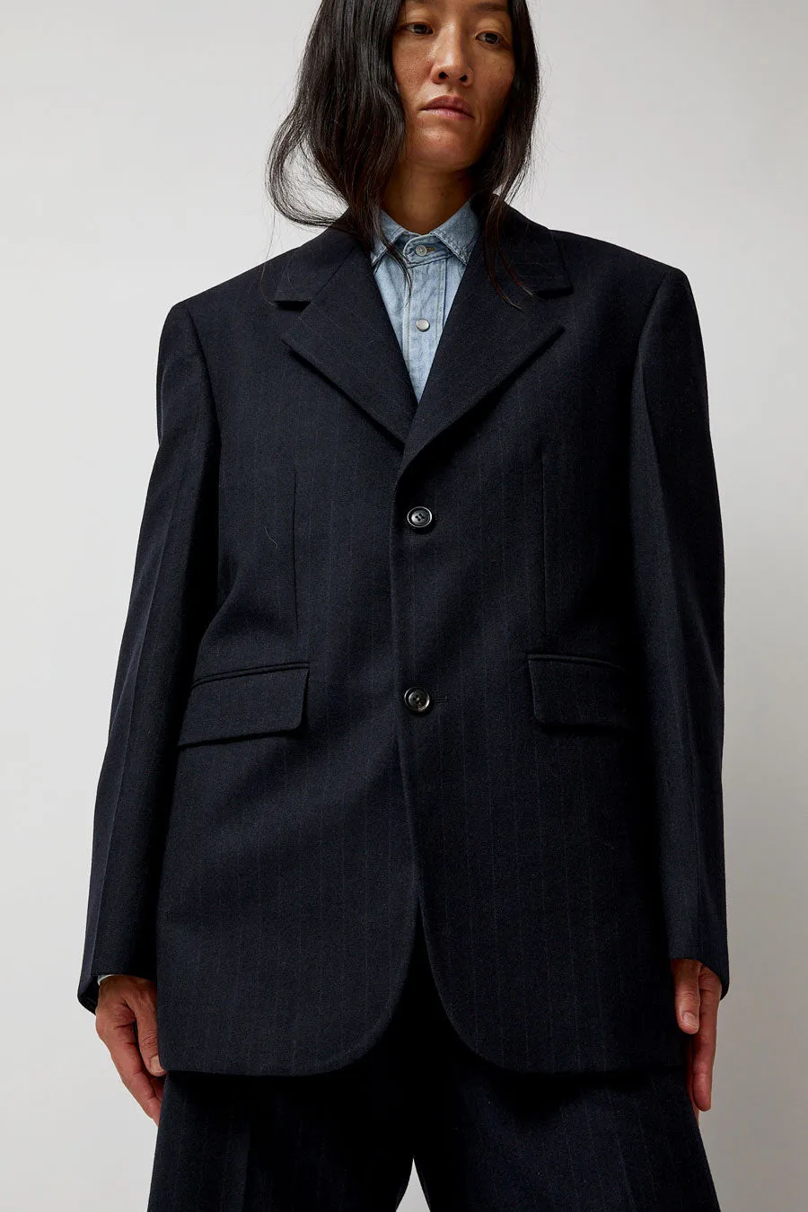 TONYWACK Virgin Wool Oversized Tailored Jacket in Navy Pinstripe sold by No. 6