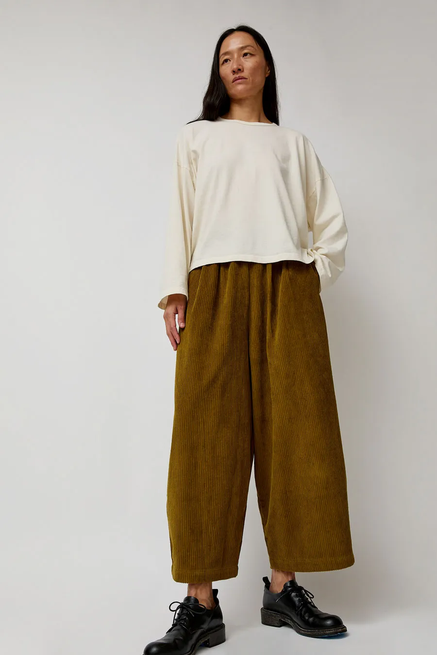 Black Crane Corduroy Unisex Wide Pants in Dark Olive sold by No. 6