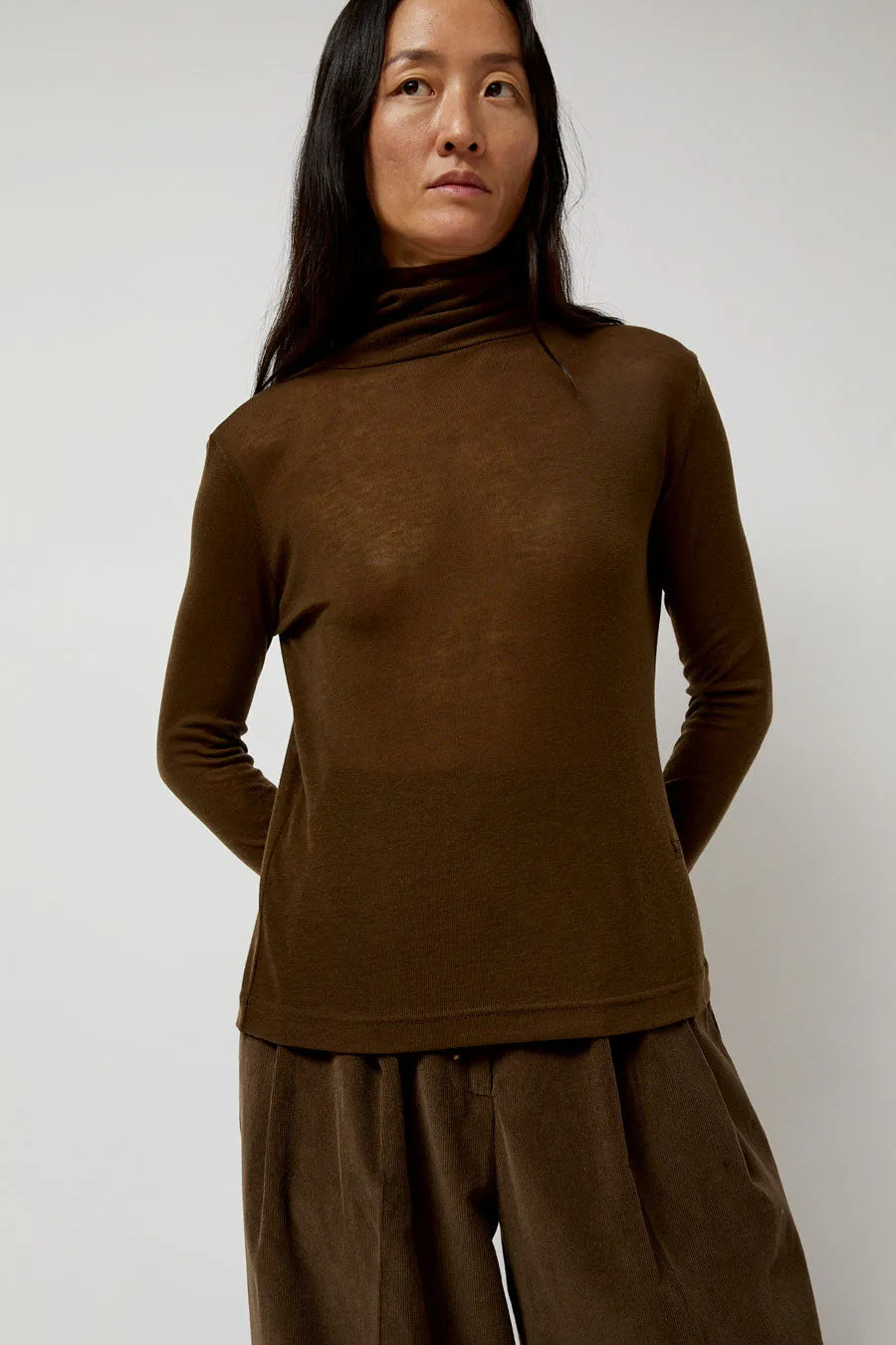 Mijeong Park Thin Ribbed Roll Neck Top in Brown sold by No. 6