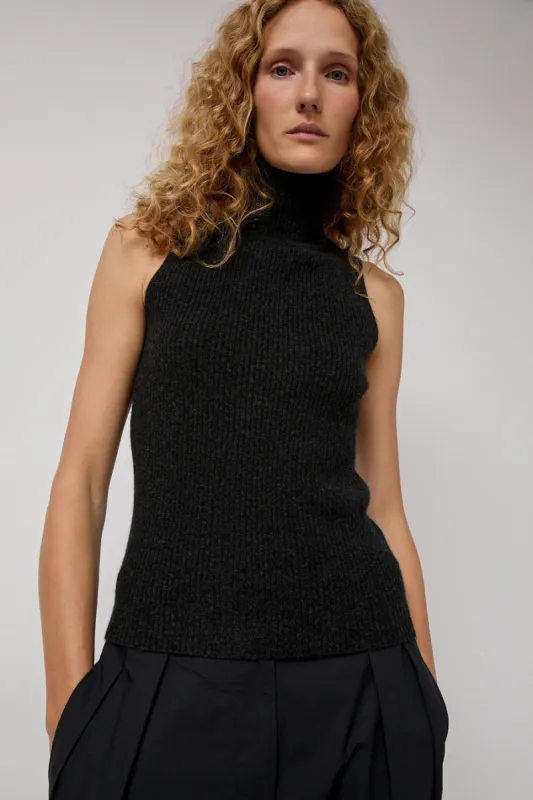 Modern Weaving Cashmere Mock Collar Rib Top in Black Melange sold by No. 6