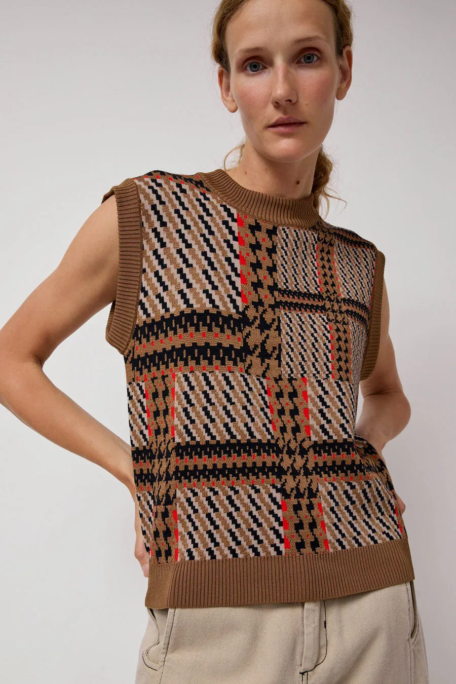 Henrik Vibskov Dust Knitted Vest in Orange Mixed Checks sold by No. 6