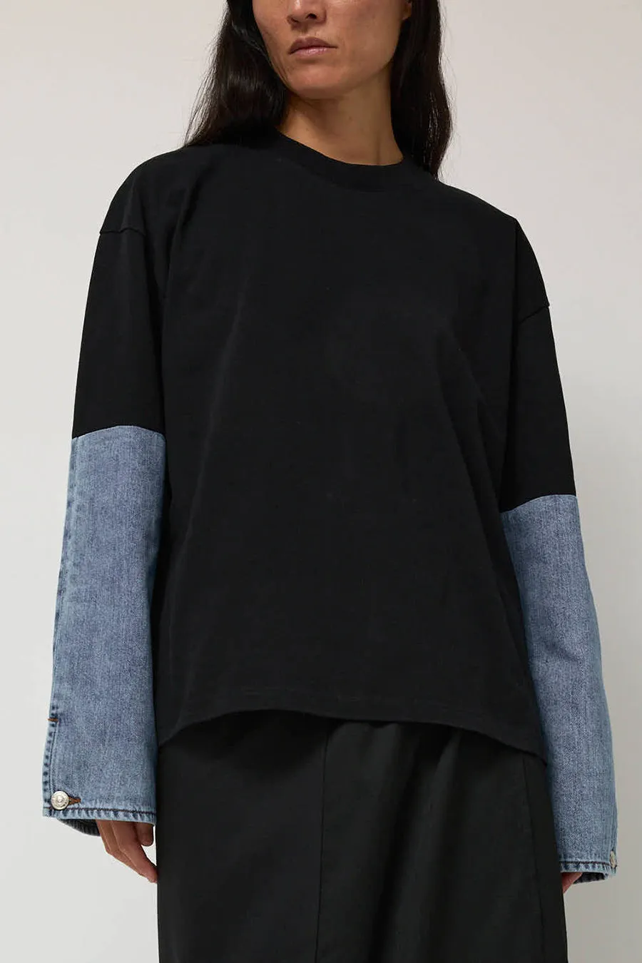 Façon Jacmin Tom T-Shirt with Denim Sleeves in Black and Light Blue sold by No. 6 product image thumbnail 3