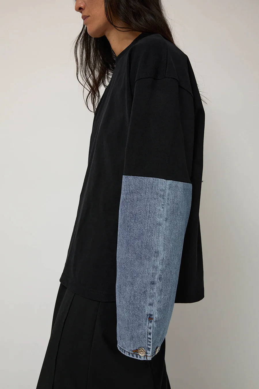 Façon Jacmin Tom T-Shirt with Denim Sleeves in Black and Light Blue sold by No. 6 product image thumbnail 4