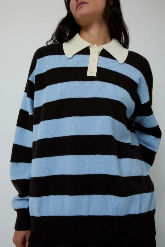 &Daughter Edith Stripe Polo Sweater in Dark Brown and Pale Blue sold by No. 6