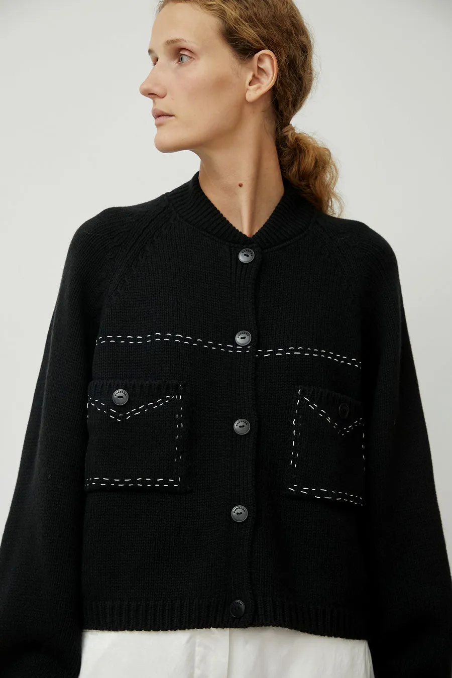 CORDERA Merino Wool Stitched Cardigan in Black sold by No. 6