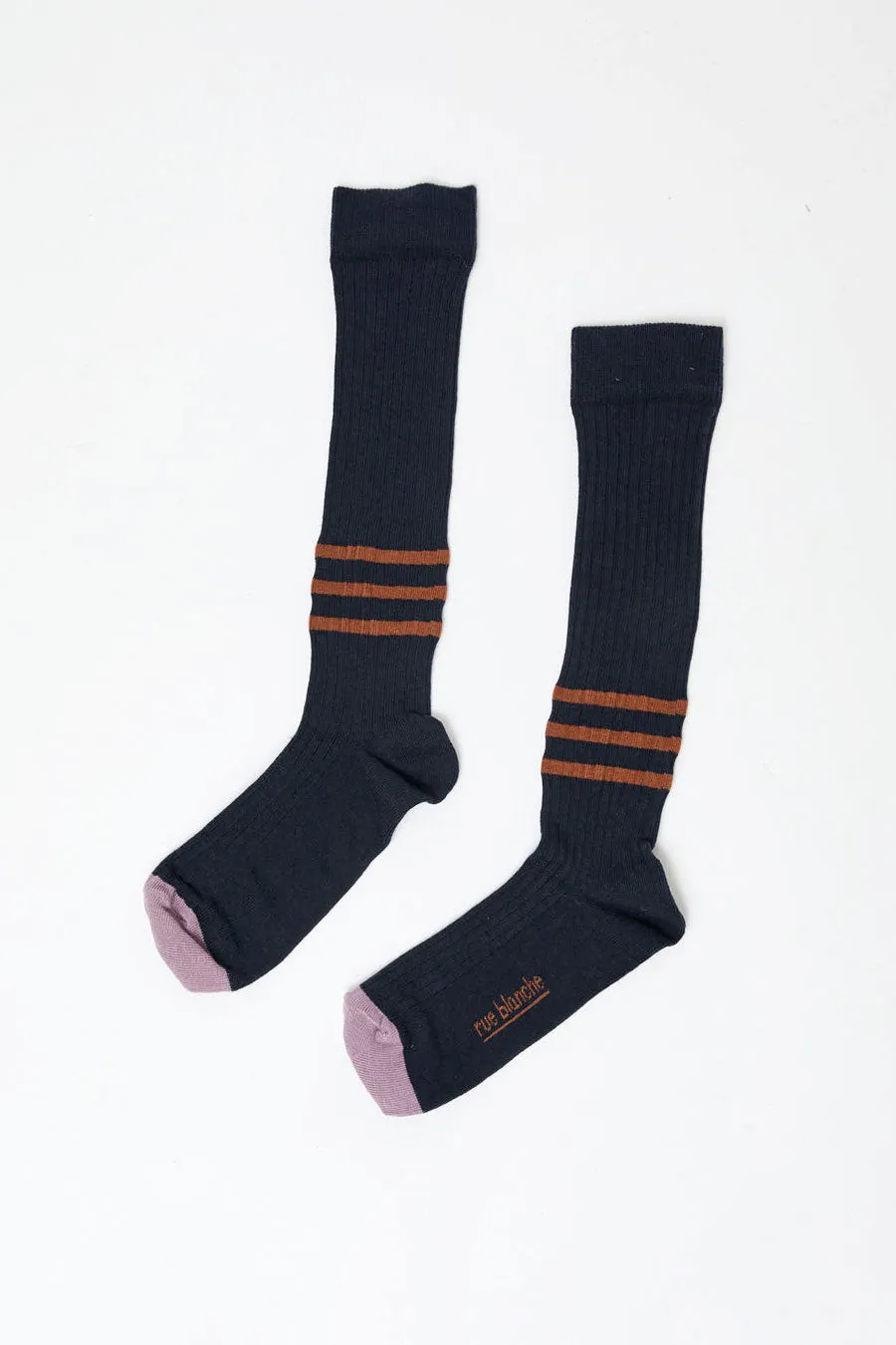 Rue Blanche Striped Socks in Navy sold by No. 6
