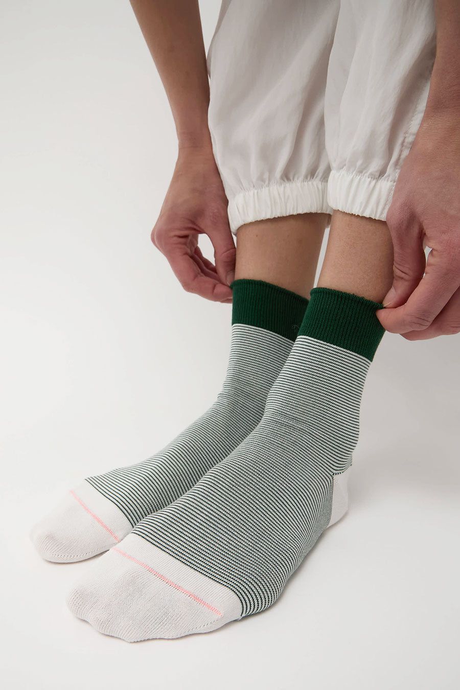 Rototo Fine Stripe Mini Crew Socks in Dark Green sold by No. 6