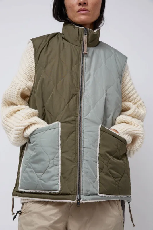 TAION Military Reversible Hi-Neck Down Vest in Multi and Cream sold by No. 6