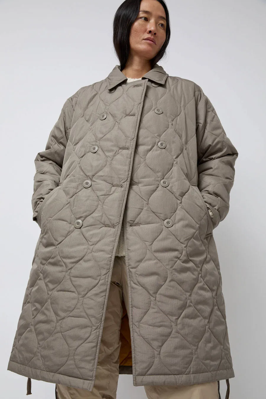 TAION Military Breasted Long Down Jacket in Light Mocha sold by No. 6