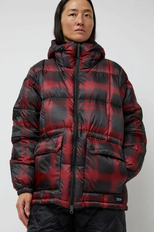 TAION Mountain Packable Volume Down Hoodie in Black and Red Check sold by No. 6