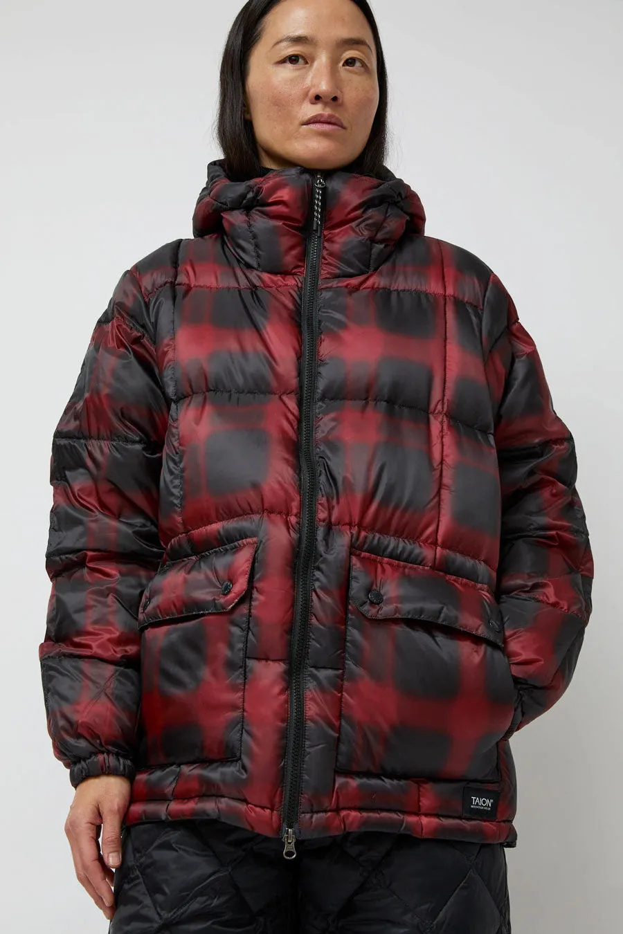 TAION Mountain Packable Volume Down Hoodie in Black and Red Check sold by No. 6