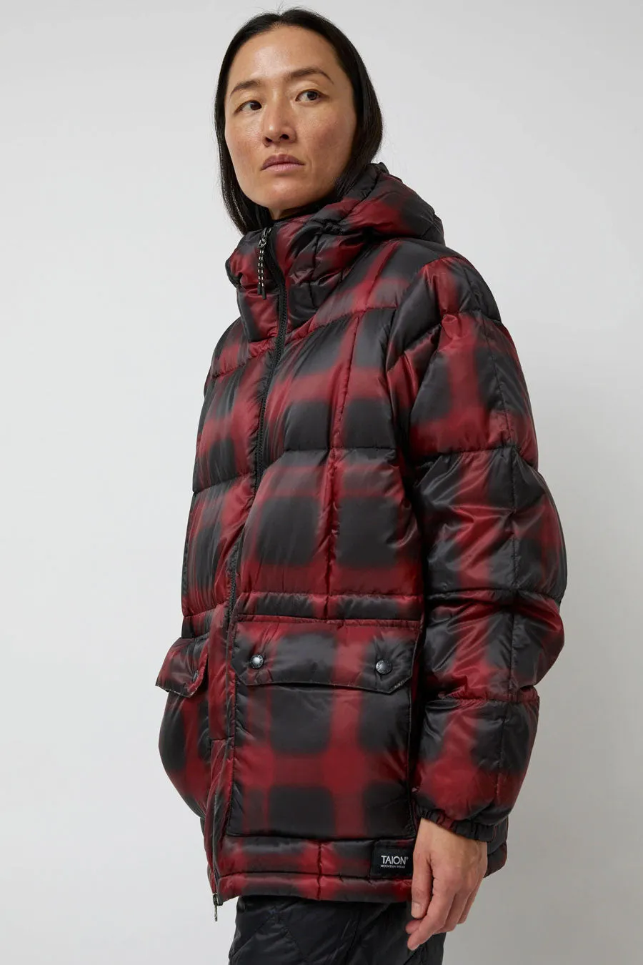 TAION Mountain Packable Volume Down Hoodie in Black and Red Check sold by No. 6 product image thumbnail 4