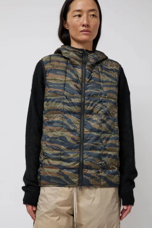 TAION Hooded W-Zip Down Vest in Tiger Stripe made by No. 6