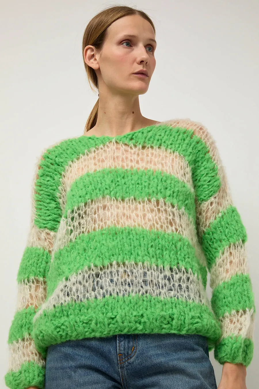 Guðrun & Guðrun Kavi Stripe Sweater in White and Green sold by No. 6