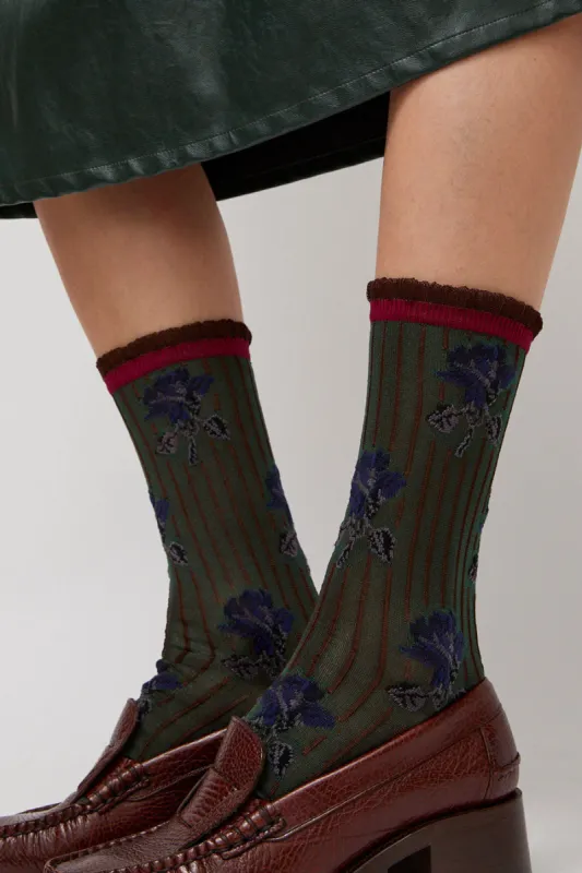 Exquisite J Short Flower Socks in Olive sold by No. 6