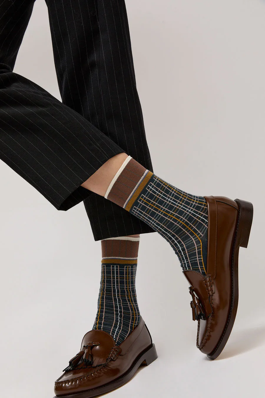 Exquisite J Plaid Socks in Navy sold by No. 6