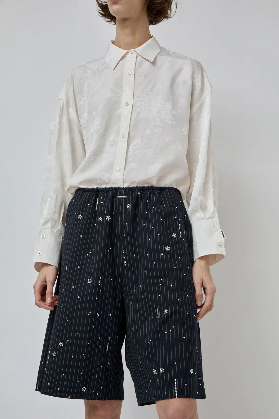 CORDERA Embellished Bermuda Shorts in Pinstripe sold by No. 6