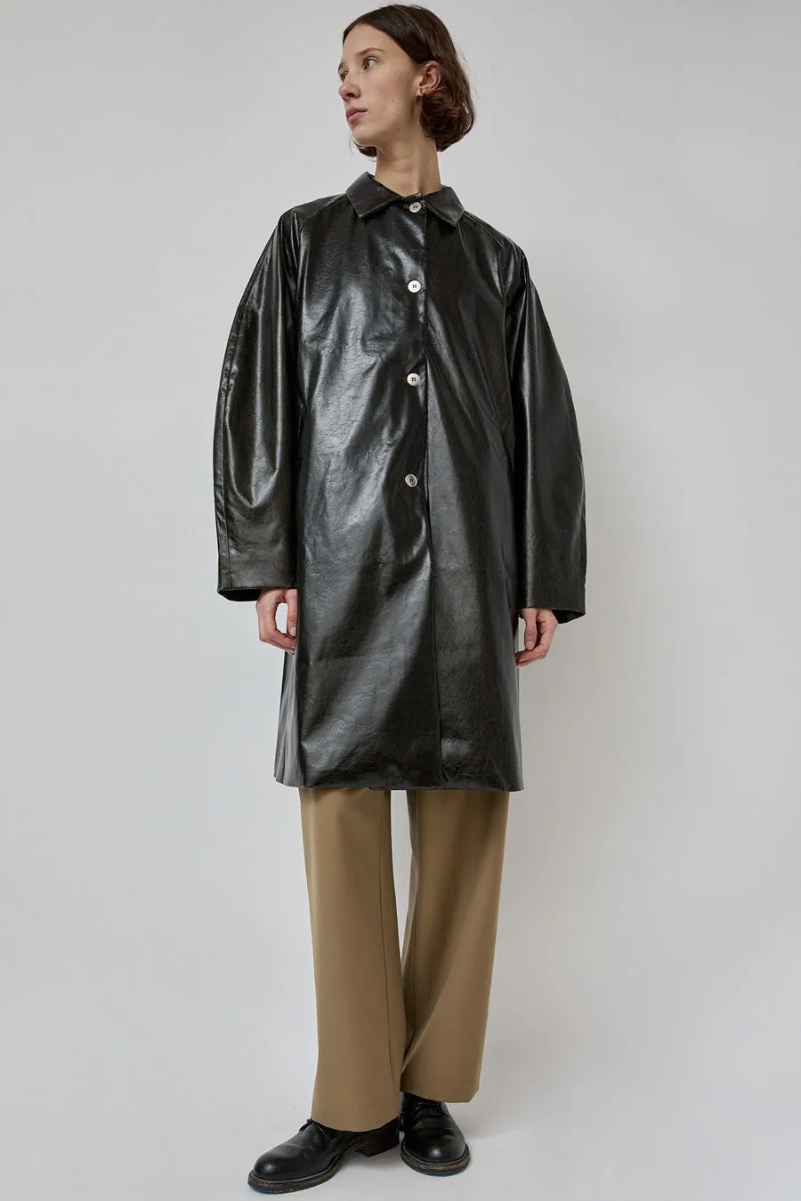 CORDERA Faux Scratched Leather Coat in Dark Brown sold by No. 6