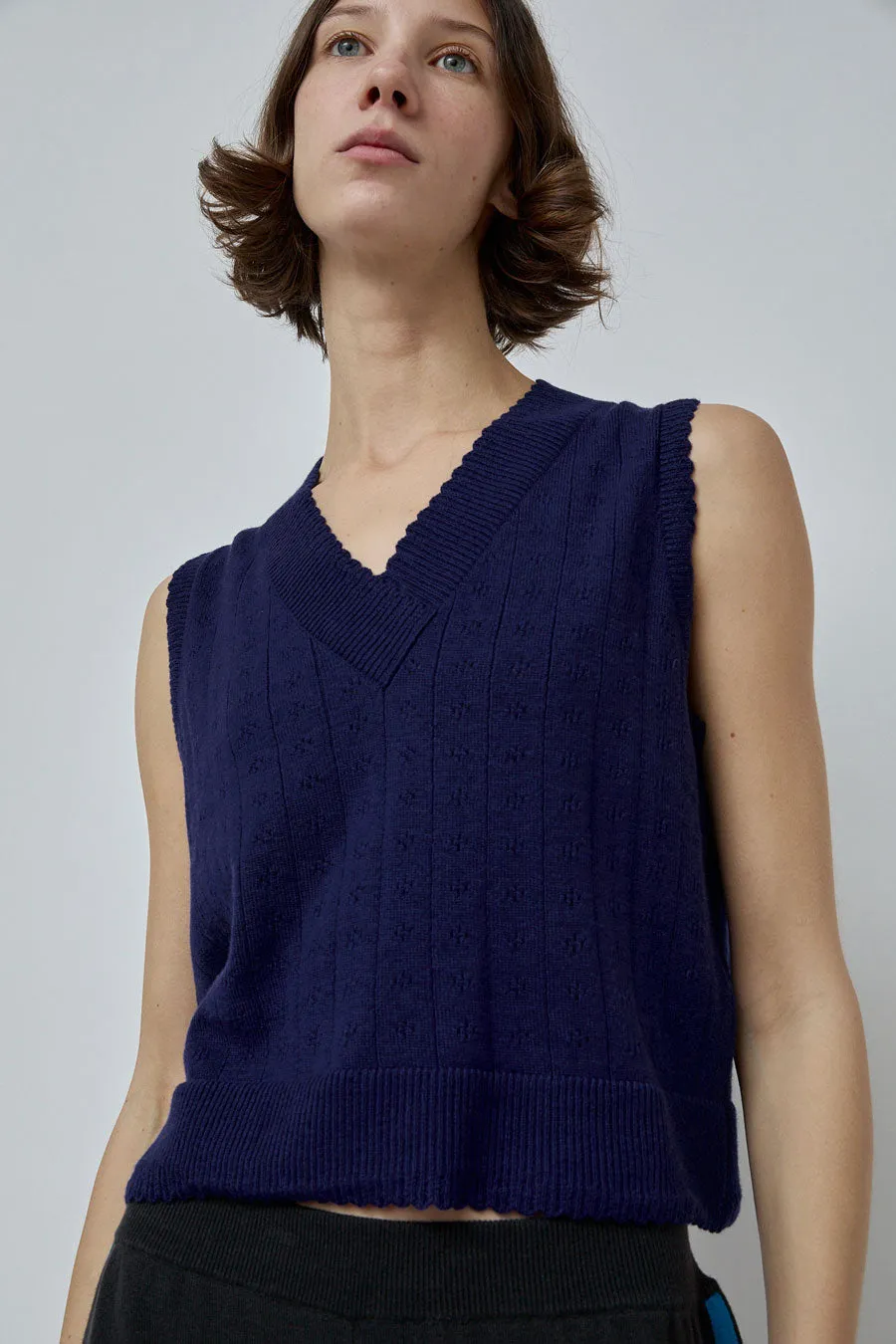 CORDERA Merino Pointelle Waistcoat in Prussian Blue sold by No. 6