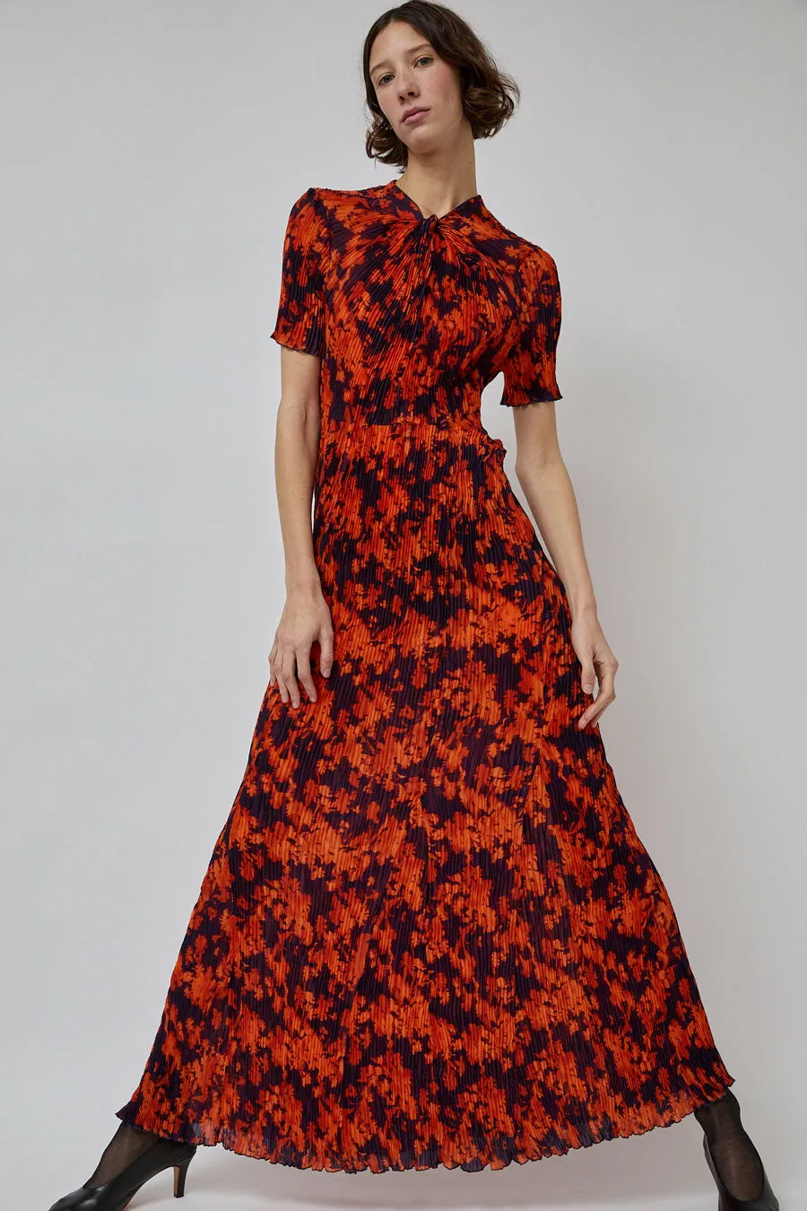 INSHADE Short Sleeve Crimped Chiffon Dress in Red and Bordeaux Floral sold by No. 6