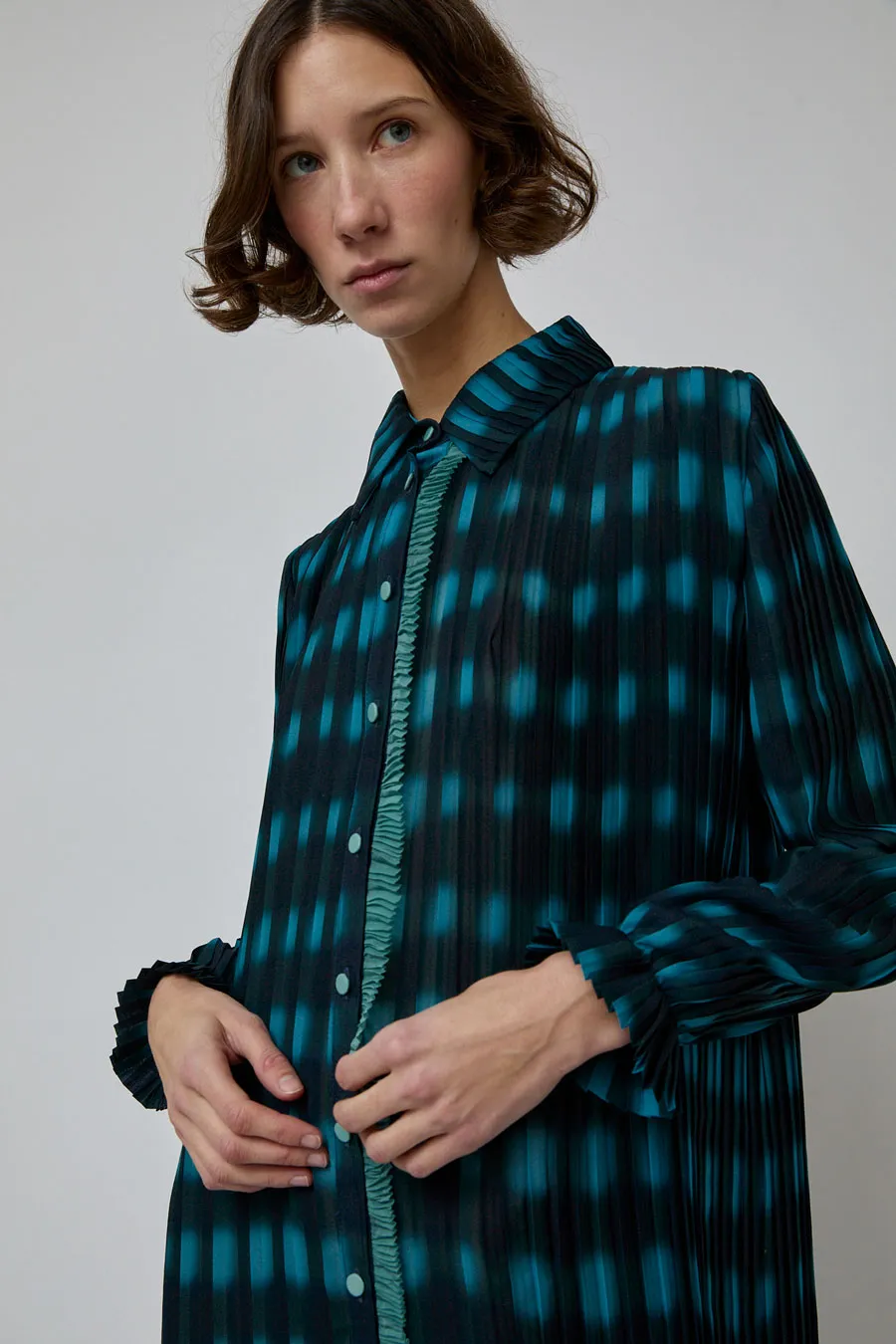 INSHADE Pleated Shirt Dress in Blue and Green Plaid sold by No. 6 product image thumbnail 3