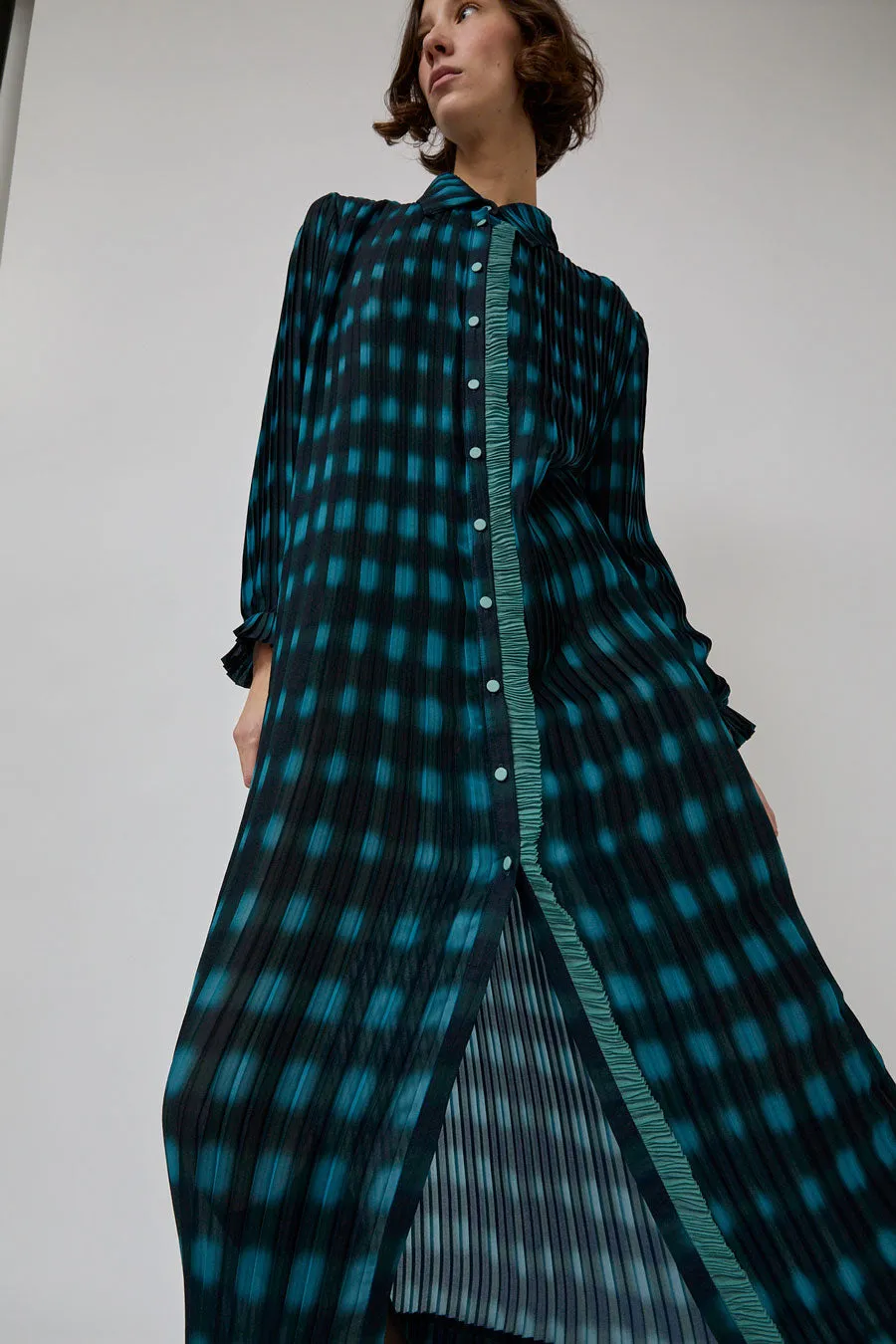 INSHADE Pleated Shirt Dress in Blue and Green Plaid sold by No. 6