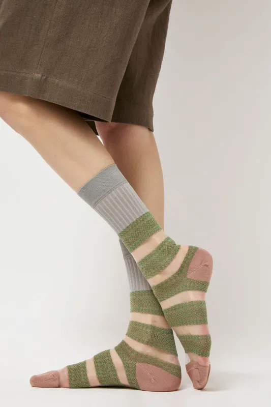 Exquisite J Open Work Stripe Socks in Green sold by No. 6
