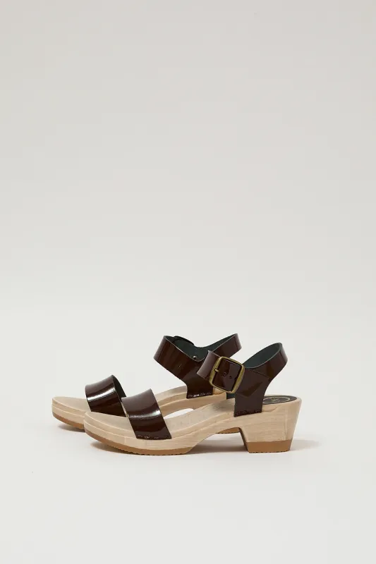 No.6 Two Strap Clog on Mid Heel in Chocolate Patent made by No. 6