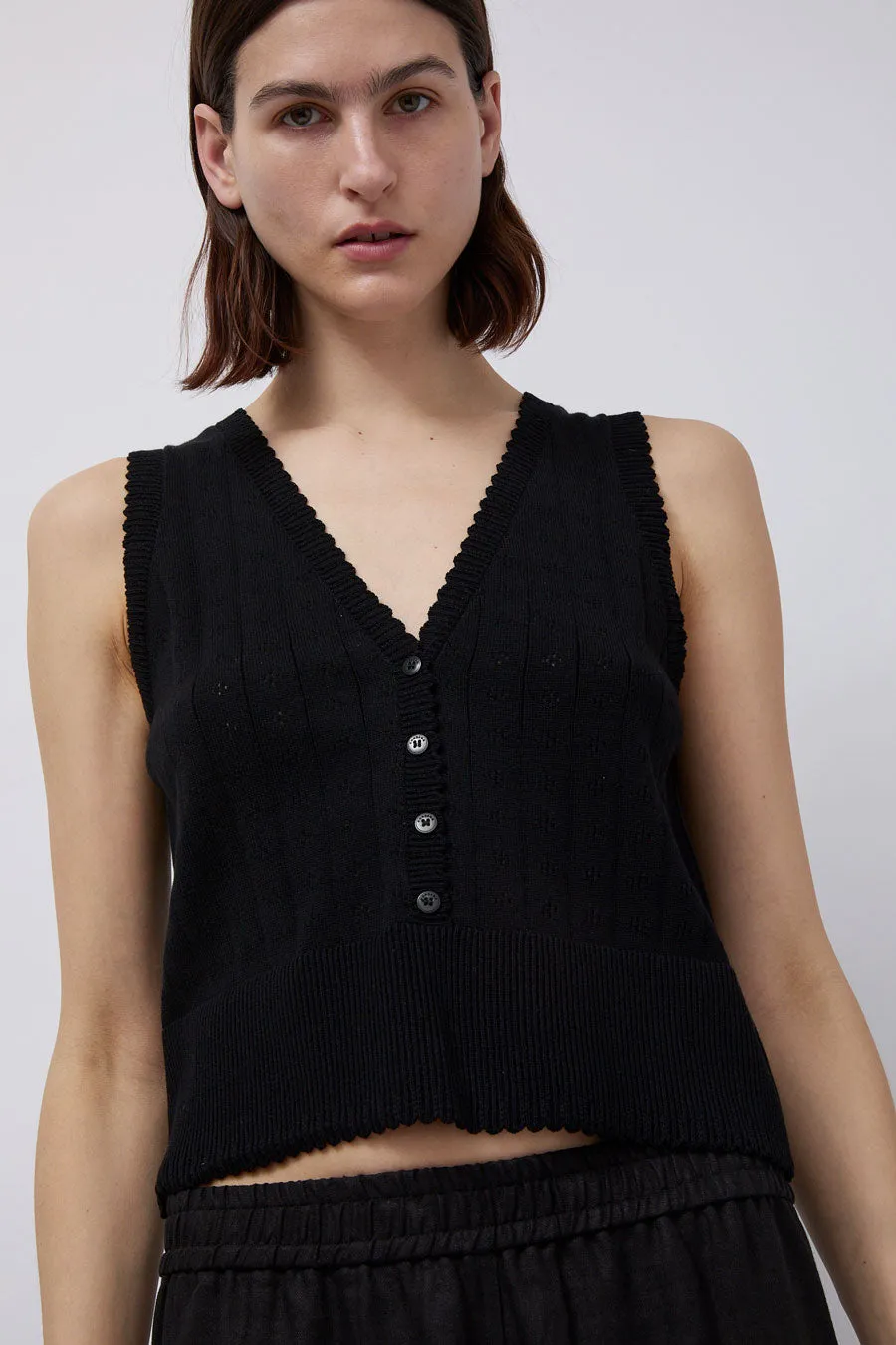 CORDERA Organic Cotton Pointelle Waistcoat in Black sold by No. 6