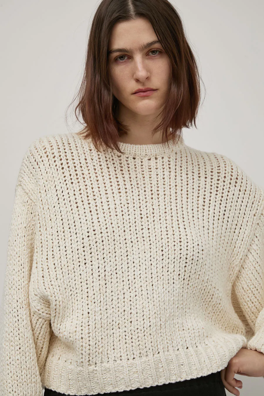 Atelier Delphine Balloon Sleeve Texture Loose Cotton Sweater in Cream sold by No. 6