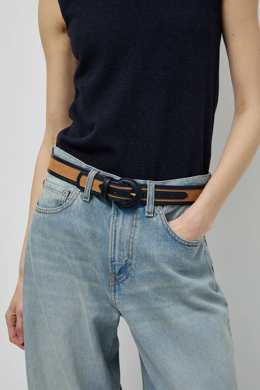 Maison Boinet Nappa and Linen Belt in Camel and Navy sold by No. 6 product image thumbnail 3