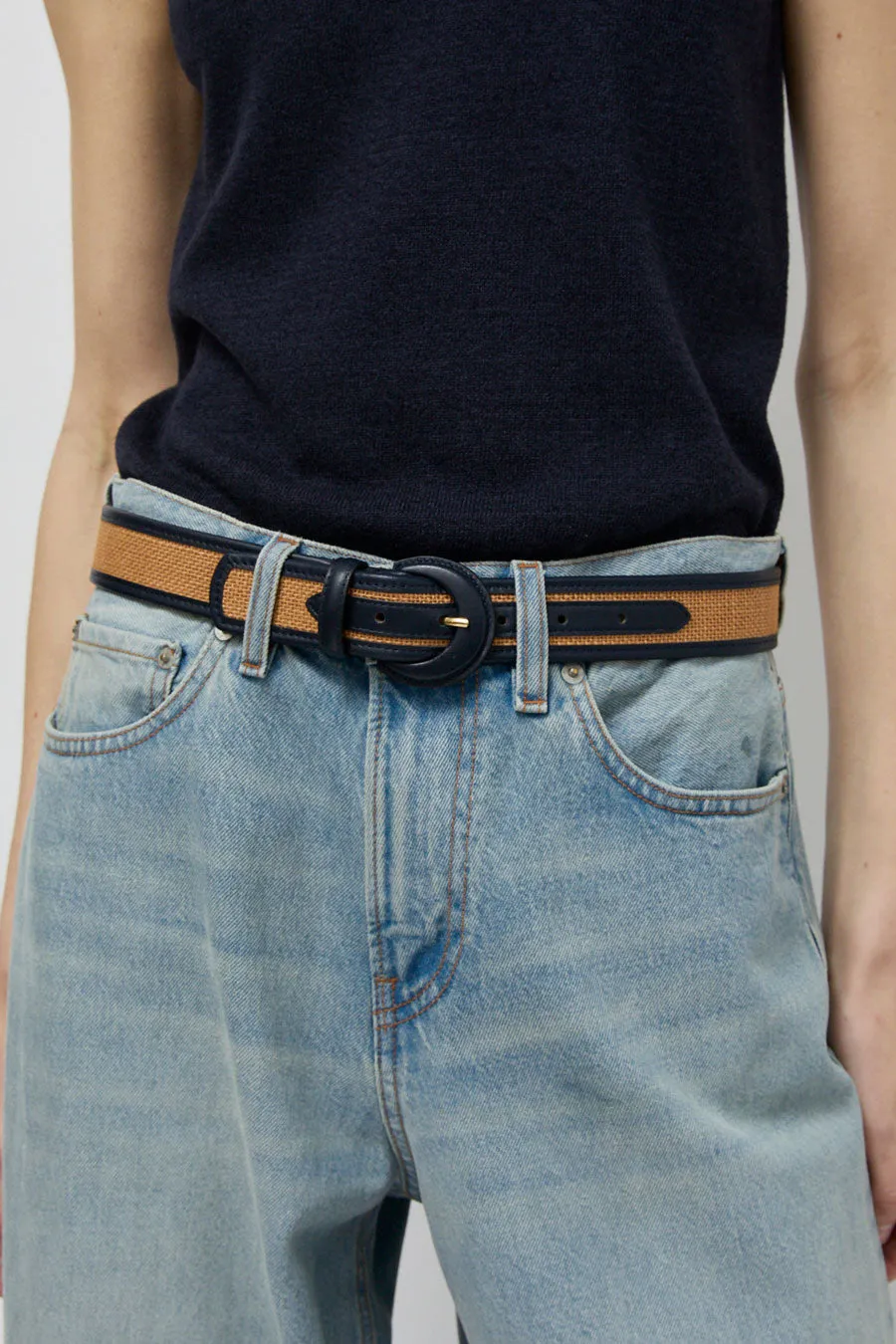 Maison Boinet Nappa and Linen Belt in Camel and Navy sold by No. 6