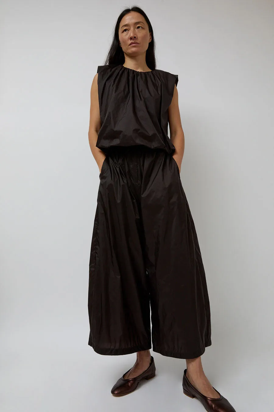 Amomento Nylon Shirring Pants in Dark Brown sold by No. 6