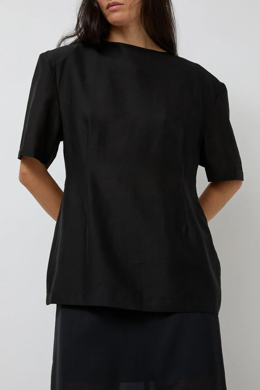 Amomento Silk Oversized Half Shirt in Black sold by No. 6