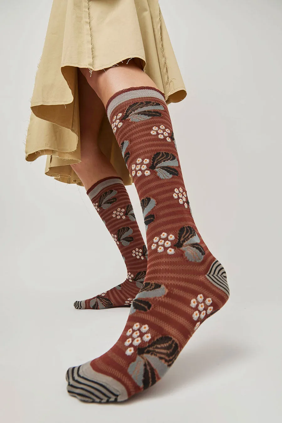 Exquisite J Tall Berries and Flower Socks in Rust sold by No. 6