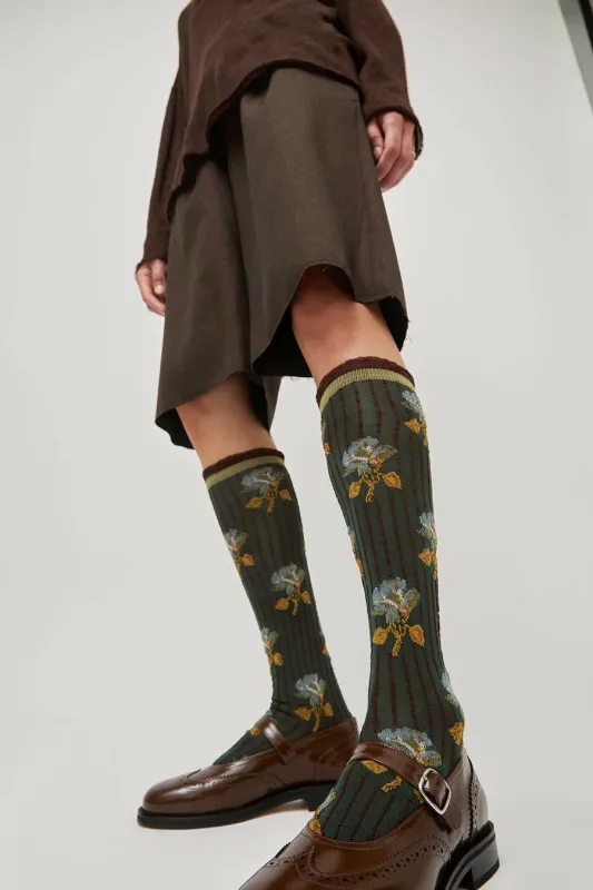 Exquisite J Tall Flower Socks in Olive Flowers sold by No. 6