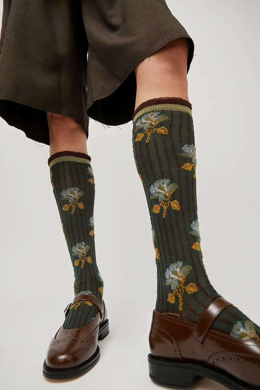 Exquisite J Tall Flower Socks in Olive Flowers sold by No. 6 product image thumbnail 3