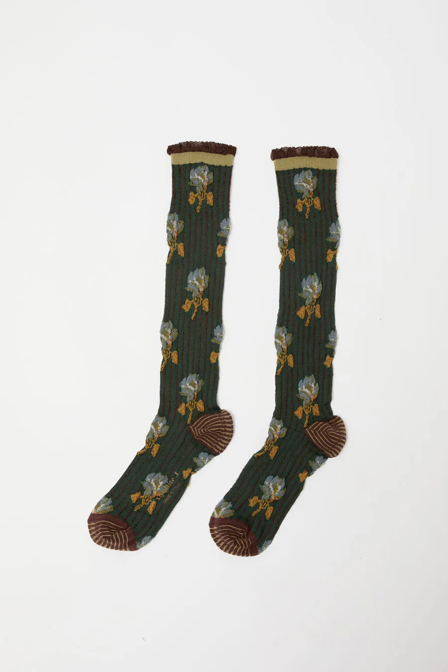 Exquisite J Tall Flower Socks in Olive Flowers sold by No. 6 product image thumbnail 2