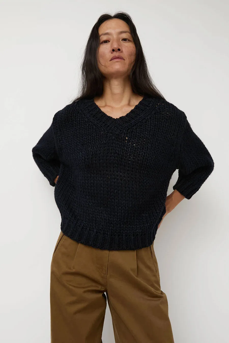 Nothing Written Wide V-Neck Sweater in Navy sold by No. 6