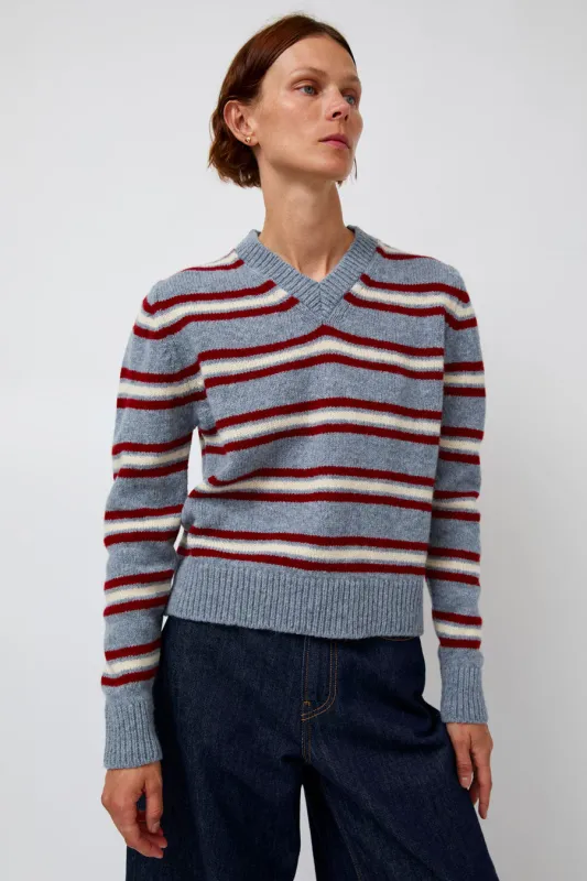 &Daughter Shetland Stripe V-Neck Sweater in Light Blue Stripe sold by No. 6