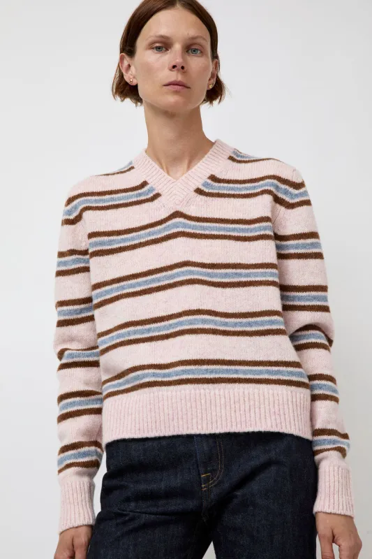 &Daughter Shetland Stripe V-Neck Sweater in Pink Stripe sold by No. 6