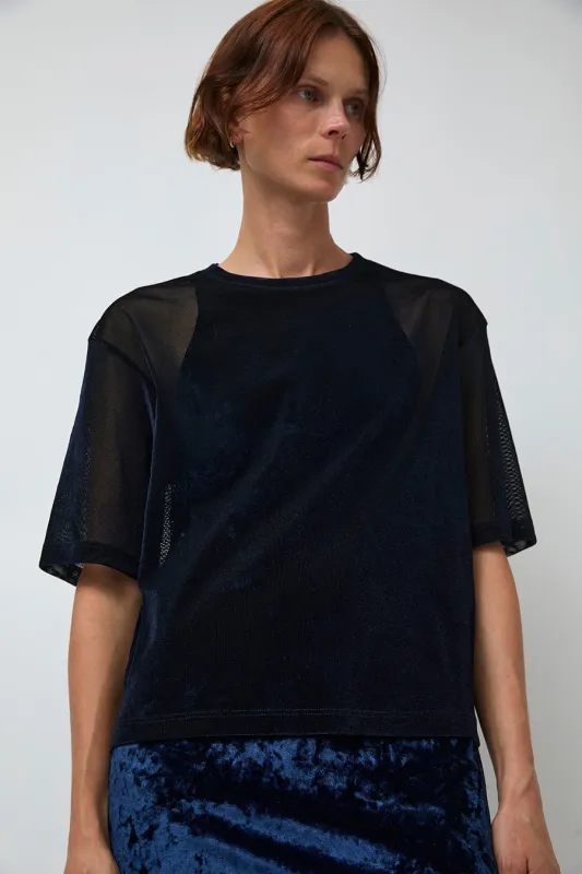 Simone Wild Mesh Velvet Oversized Tee in Marine made by No. 6