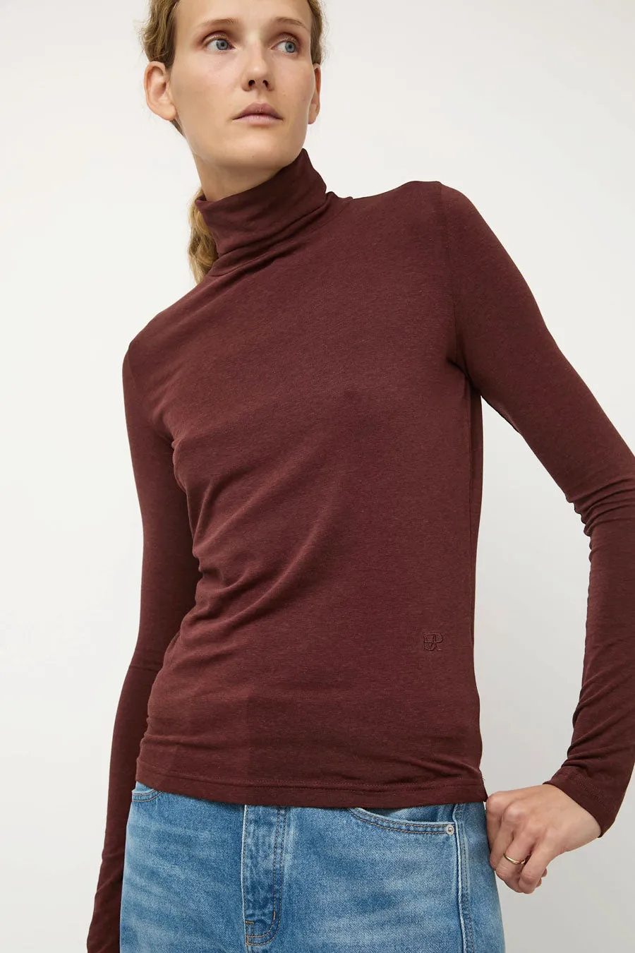 Mijeong Park Roll Neck Jersey Top in Burgundy sold by No. 6