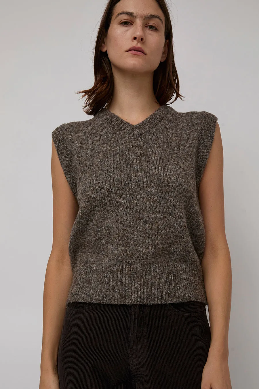 Mijeong Park Wool Blend V-Neck Vest in Heather Brown sold by No. 6