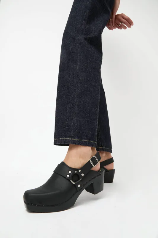 No.6 Arlo Clog on Square Toe Mid Heel in Black on Black Base made by No. 6