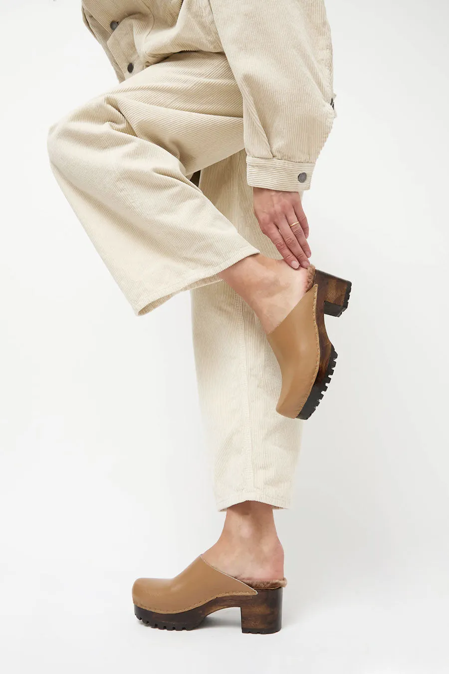No.6 Liza Clog on Mid Tread in Khaki with Brown Brisa Shearling on Cocoa Base sold by No. 6