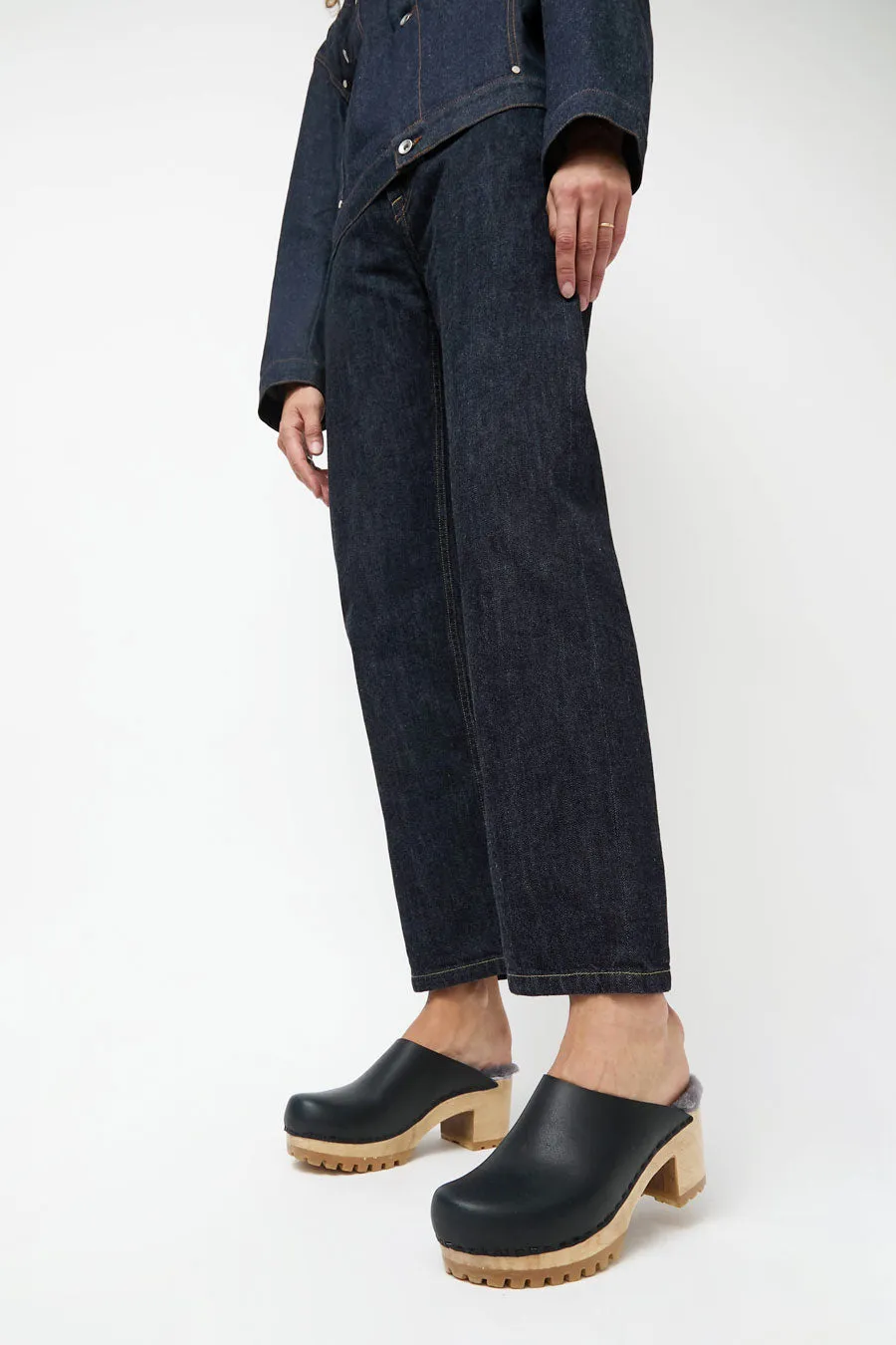 No.6 Liza Clog on Mid Tread in Indigo with Haze Shearling sold by No. 6