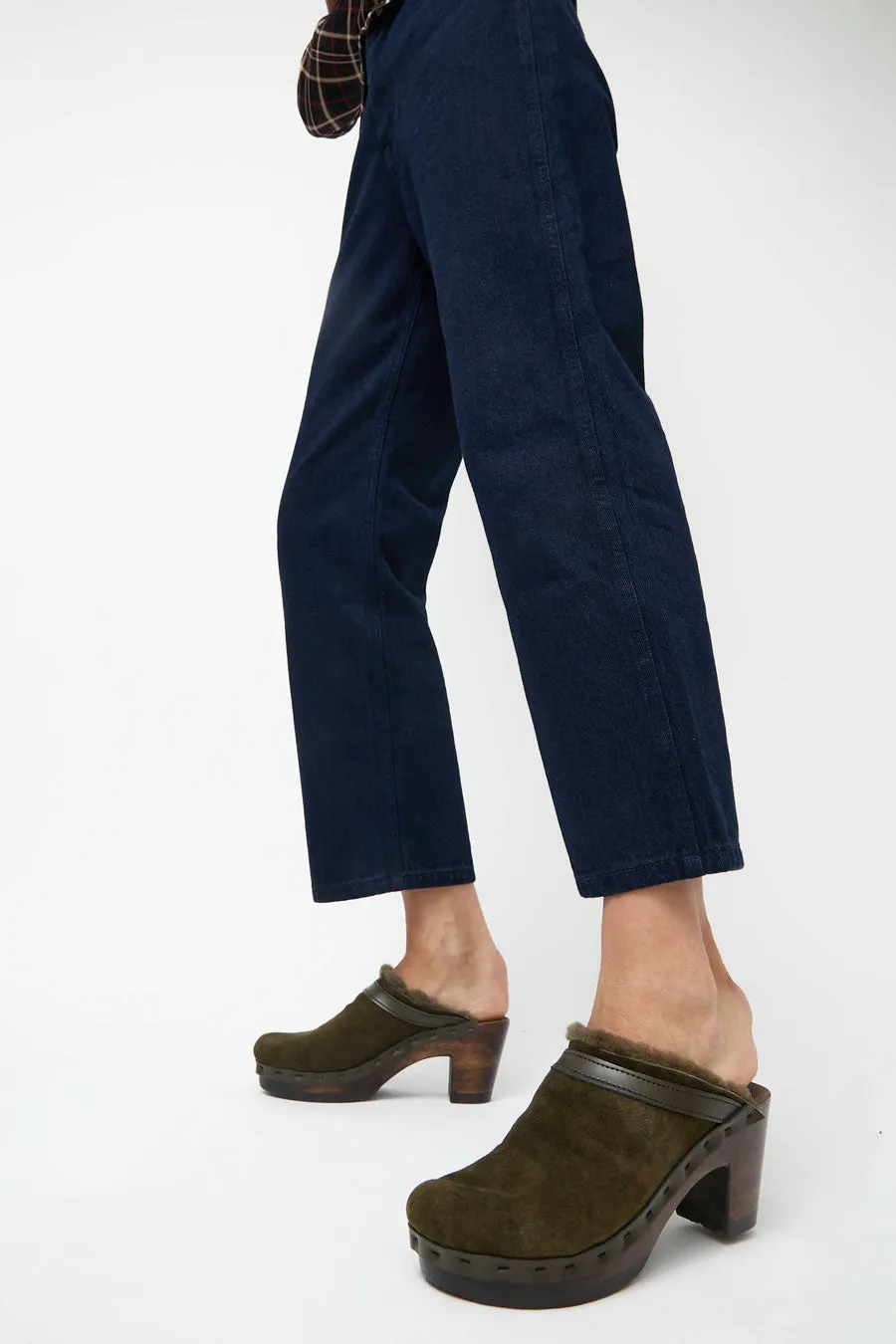 No.6 Dakota Shearling Clog on High Heel in Olive on Cocoa Base sold by No. 6