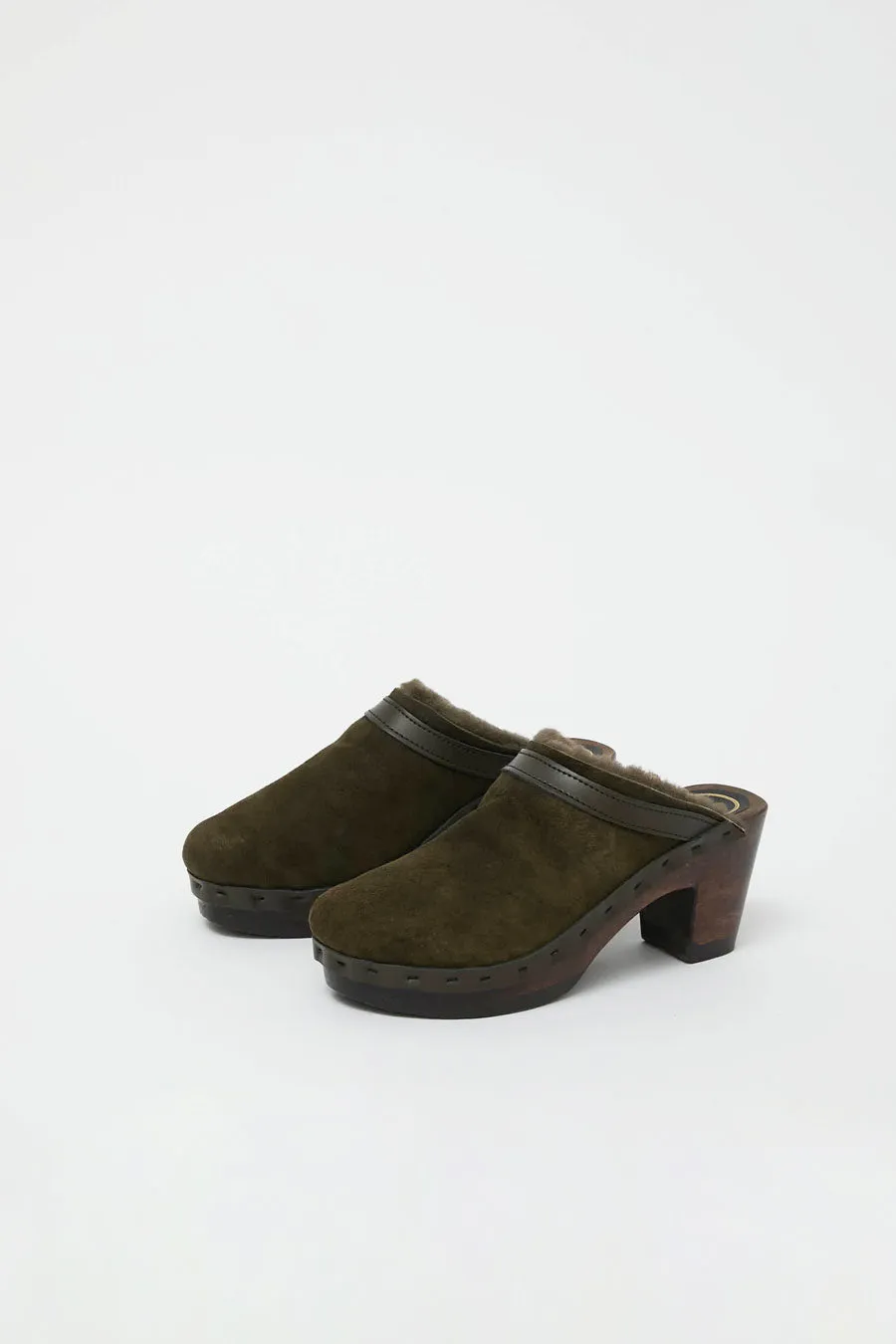 No.6 Dakota Shearling Clog on High Heel in Olive on Cocoa Base sold by No. 6 product image thumbnail 3